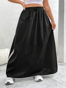 Flirla 女士實色加大尺碼拼接條紋束口裙 - 黑色 - 查看 3