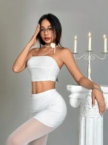 SHEIN Unity Ladies" Fashionable Solid Color Strapless Top And Skirt Set - Silver - View 3
