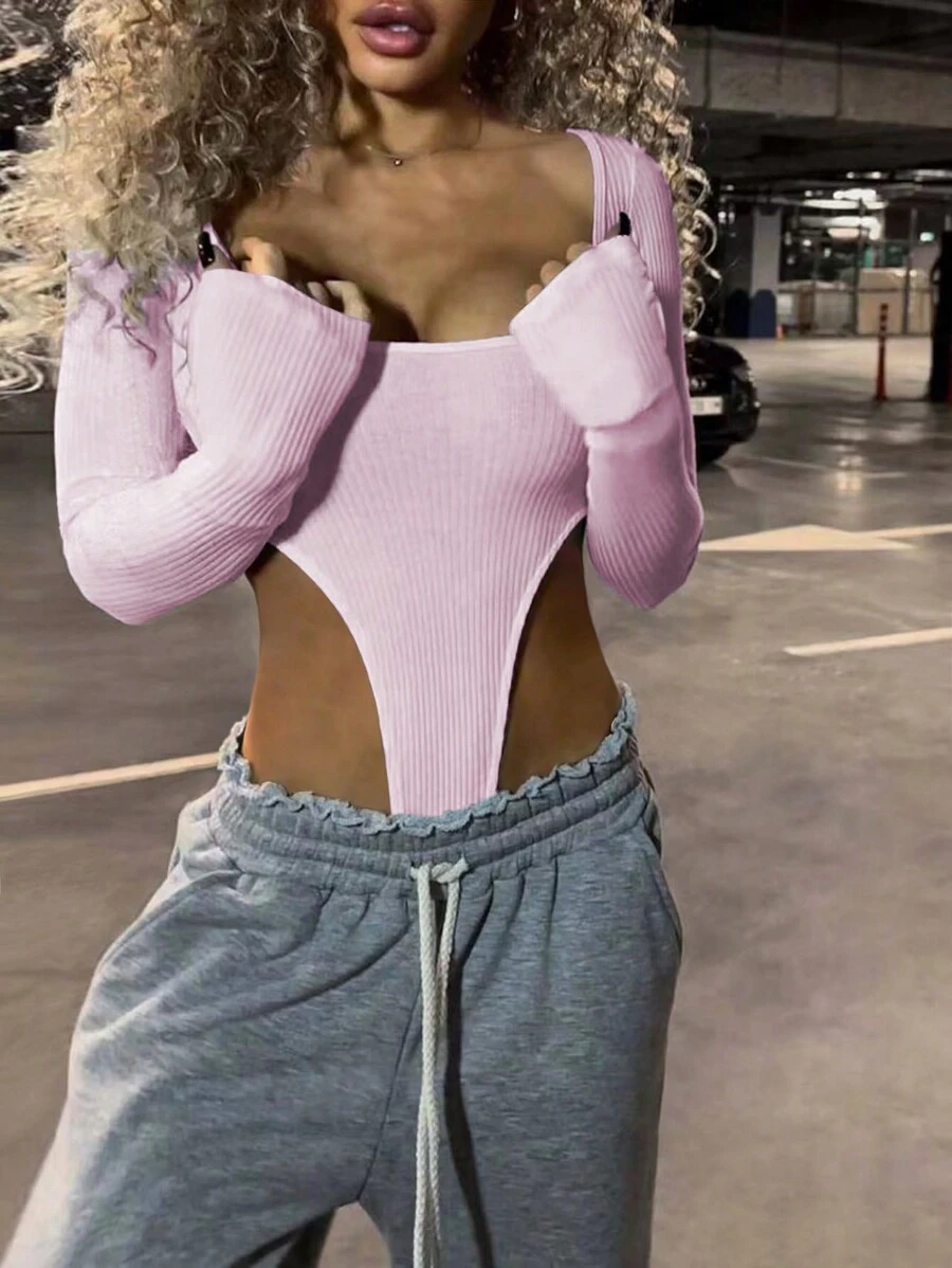 INAWLY Women's High Cut Ribbed Bodysuit - Pink - View 1