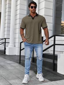 Manfinity Homme Men's Plus Size Striped Short Sleeve Polo Shirt With Patchwork Design - Green - View 3