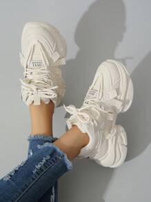 Women Leather Black And White Color Block Lace-Up Sport Shoes With Thick And Comfortable Sole, Decorated With Mesh And Tennis Shoelace, New Style 2024