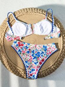 Swim Mod Conjunto de bikini con estampado floral para playa de verano y cuello en V con separación