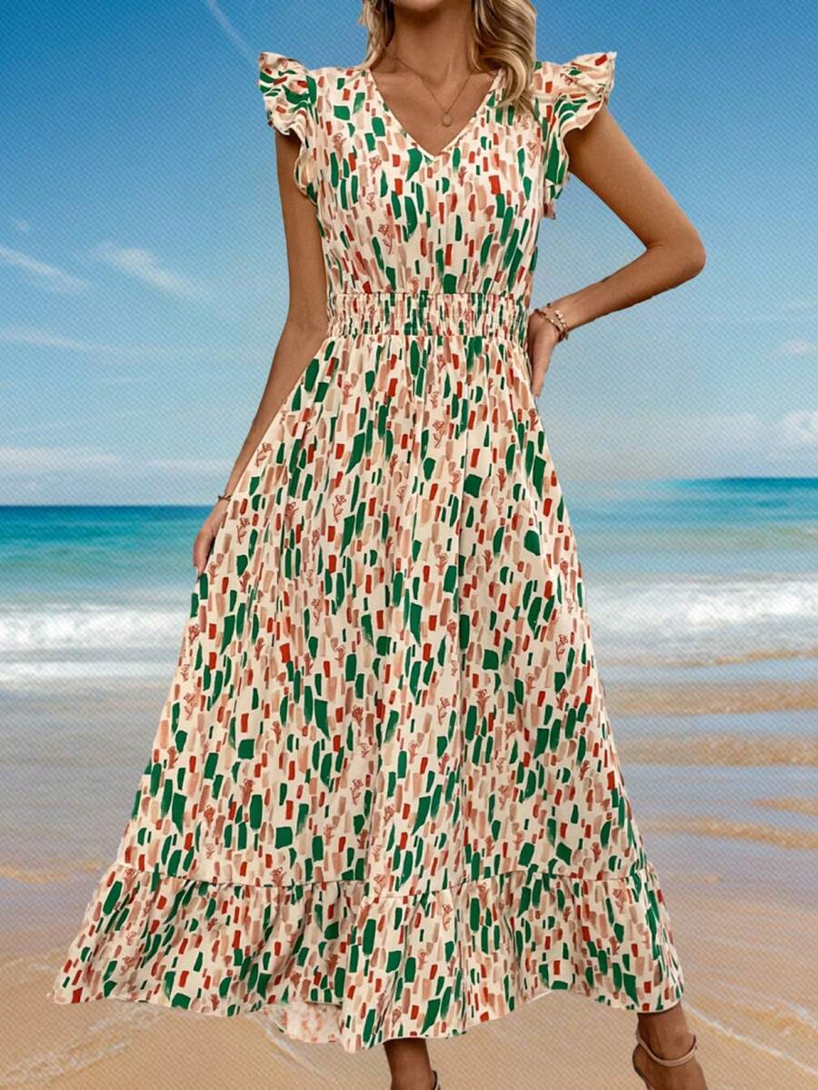 SHEIN LUNE Váy chữ A cạp cao tay lửng in họa tiết cho nữ - Màu be - Xem 1