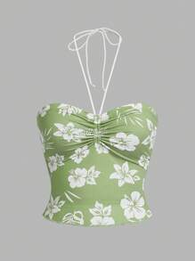 SHEIN MOD Women  Botanical Printed Halter Neck Drawstring Top - Lime Green - View 1
