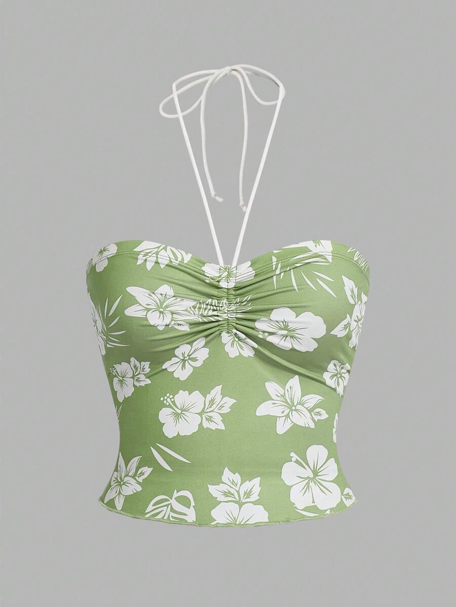 SHEIN MOD Women Botanical Printed Halter Neck Drawstring Top - Lime Green - View 1