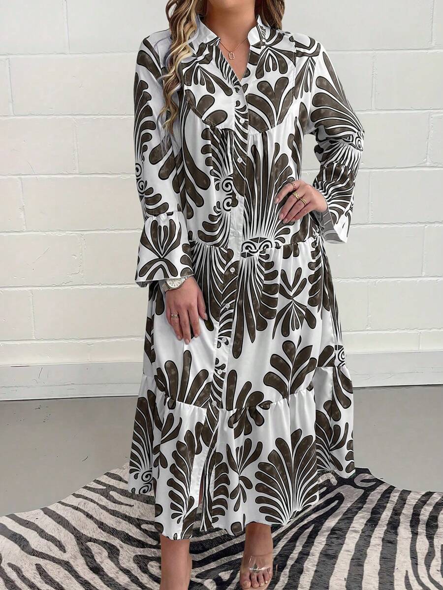 SHEIN Holidaya Plus Size Plant Printed Notched Neckline Dress - Black - View 1