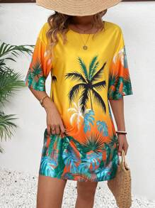 Breezaya Vestido mini de manga corta suelto con estampado, estilo de vacaciones en la playa para mujer
