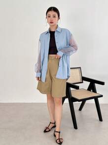 FRIFUL Women Solid Color Splice Mesh Lantern Sleeve Loose Shoulder-Baring Blouse Long Sleeve Top