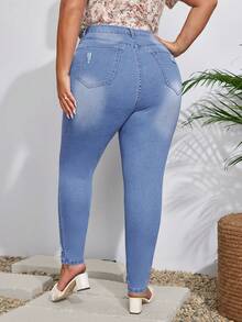 SHEIN LUNE 女性休閒中空大碼牛仔褲 - 藍色 - 查看 2