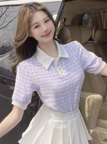 DAZY Texture Plaid Collar Short Sleeve T-Shirt Summer - Purple - View 6