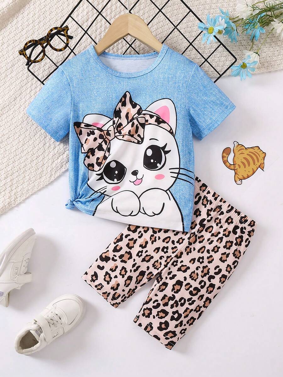 SHEIN 少女夏季卡通貓印花圓領短袖T恤和豹紋短褲休閒兩件套裝 - 彩色 - 查看 1