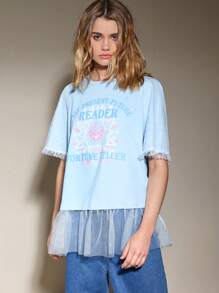 SHEINNeu Women Summer Short Sleeve Casual T-Shirt With Letter Moon Print And Round Neck