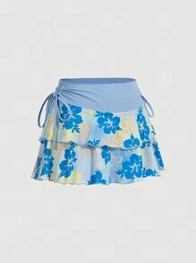 SHEIN MOD Mùa hè Thời gian rảnh rỗi Eo Dây rút Xếp li Vá lại In hoa Váy - Màu xanh lam - Xem 3