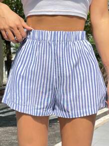 SHEIN EZwear 條紋寬腿短褲 - 藍白色 - 查看 3