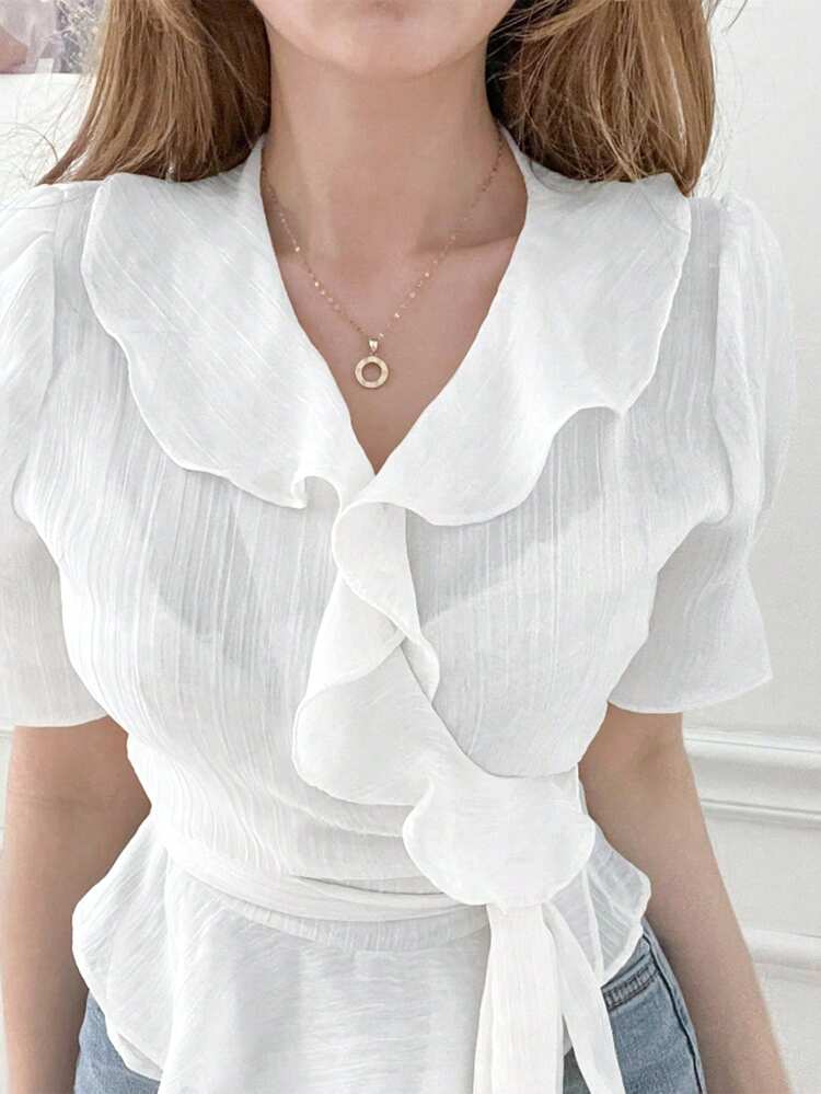 Ladies' Solid Color Ruffle Trim Tie Waist Elegant Blouse