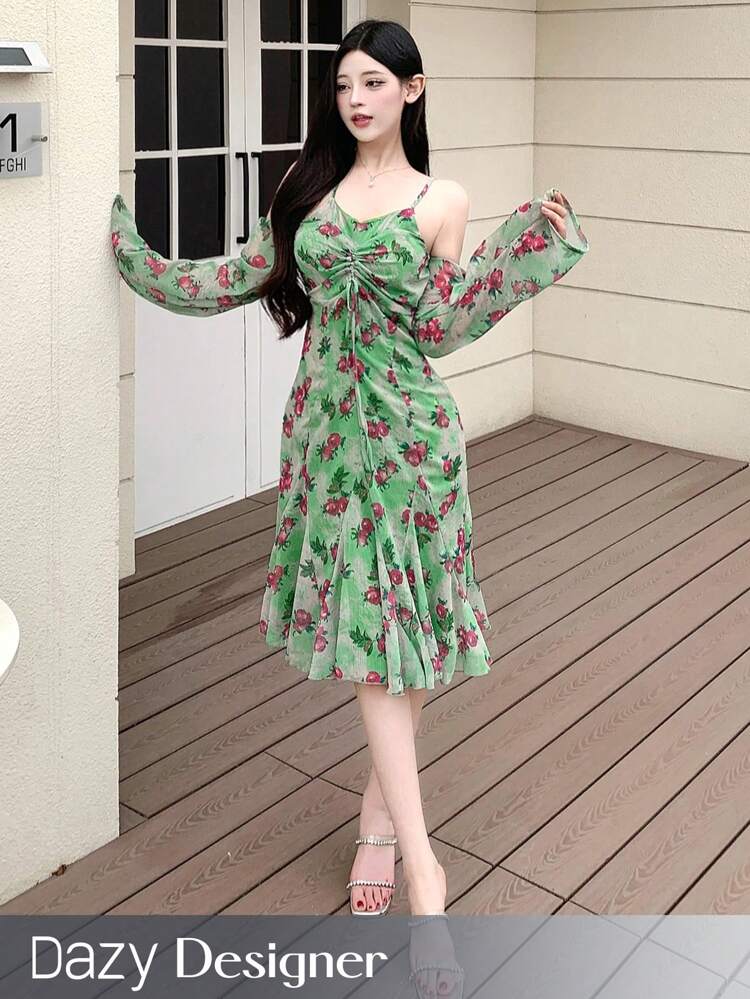 Vestido de mujer con tirantes finos y mangas, vestido de playa con estampado floral de moda, vestido largo de manga larga para otoño y Pascua