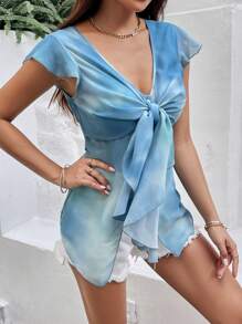 SHEIN Essnce Casual Women Summer Front Knot Tie Dye Short Flared Sleeve Top