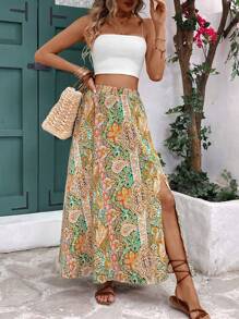 SHEIN Frenchy 女式纯色短款吊带背心和佩斯利印花开衩裙套装，适合度假风格，花卉长裙两件套短款套装，波西米亚风女装，沙滩女装连衣裙，夏季套装，波西米亚风女装 - 卡其色 - 查看 6