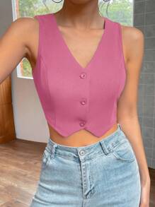 SHEIN EZwear Blazer sin mangas de moda para mujer en otoño/invierno - Rosa Fucsia - Ver 4