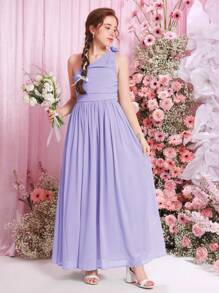 SHEIN Teen Girl Woven Solid Color 3D Floral One-Shoulder Pleated Long Casual Dress - Mauve Purple - View 5