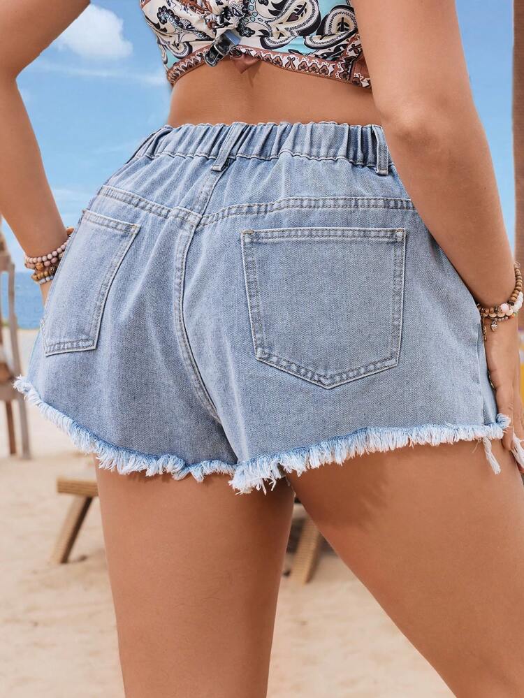 Plus Size Summer Casual Ripped Frayed Hem Denim Shorts