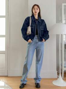 DAZY Của phụ nữ Khối màu Lỏng lẻo Vai Áo khoác denim Với Khâu - Rửa tối - Xem 2