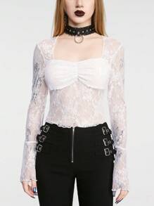 ROMWE Goth 女性性感花邊抽緊露肩上衣 - 白色 - 查看 6