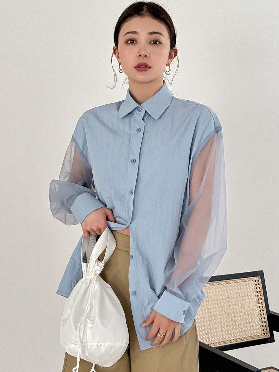 FRIFUL Women Solid Color Splice Mesh Lantern Sleeve Loose Shoulder-Baring Blouse Long Sleeve Top