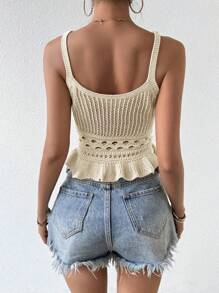 Chiquease Dames zomer effen kleur uitgehold gebreide top met ruches zoom en spaghettibandjes