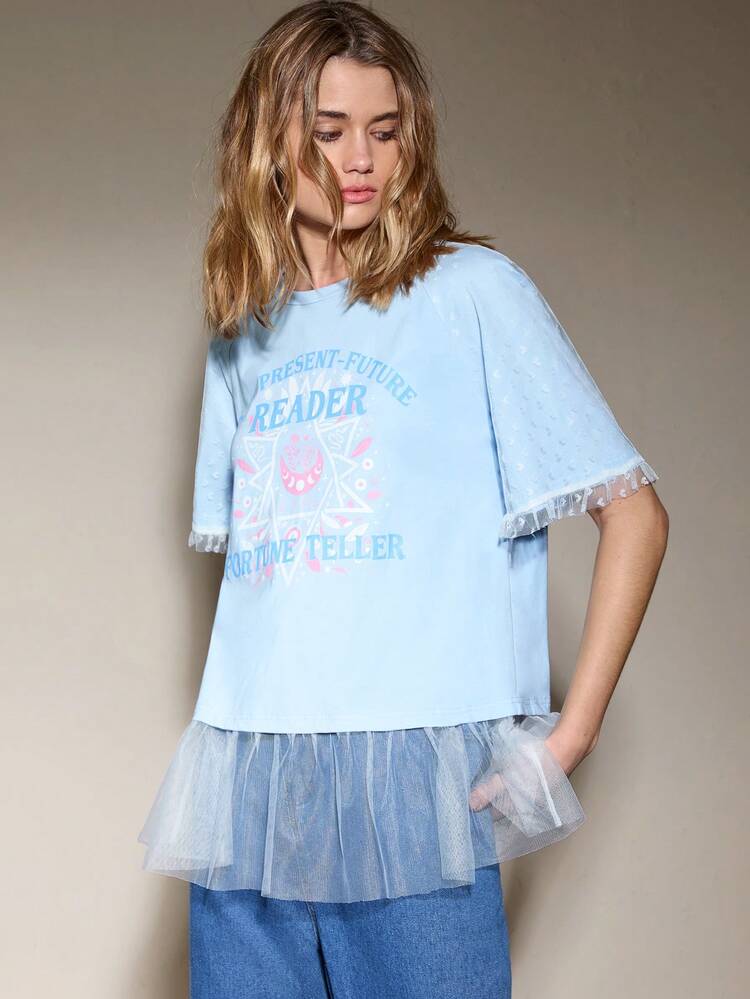 Women Summer Short Sleeve Casual T-Shirt With Letter Moon Print And Round Neck