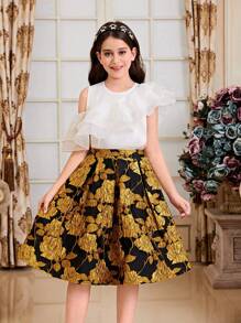 SHEIN 2pcs Tween Girls' Matching Set: Ornate Layered Ruffle Collar Shirt And Floral Jacquard A-Line Skirt - Black - View 4