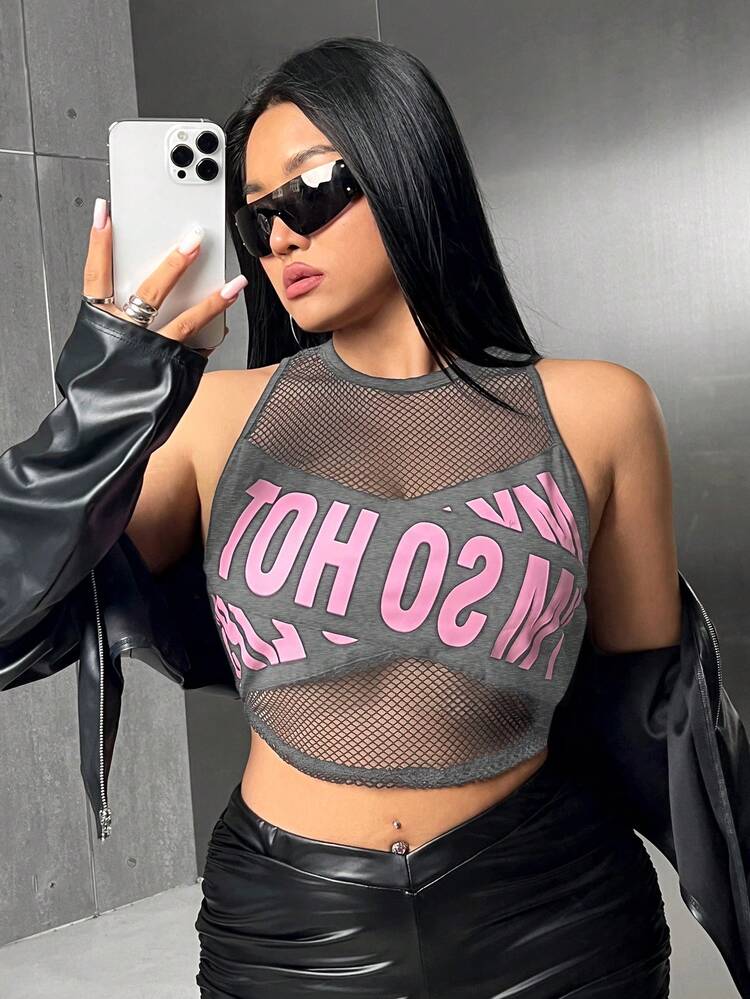 Women Fishing Net Printed Splicing Sleeveless Fashion Plus Size Tank Top