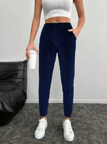 RueChic Drawstring Waist Slant Pocket Trousers - Navy Blue - View 1