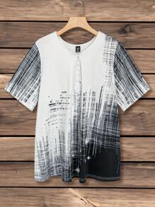 EMERY ROSE Plus Size Women'S Vintage Plaid Print Notched V-Neck Short Sleeve T-Shirt - Black and White - View 1