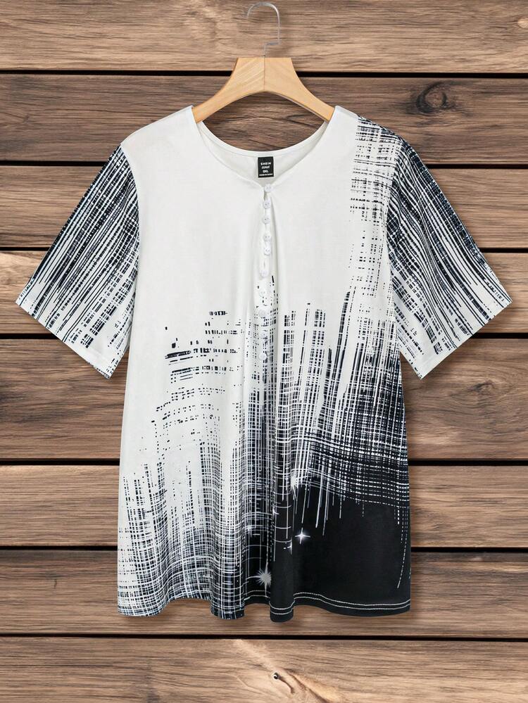 Plus Size Women'S Vintage Plaid Print Notched V-Neck Short Sleeve T-Shirt