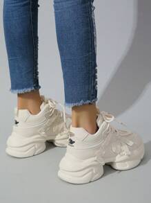 Women Leather Black And White Color Block Lace-Up Sport Shoes With Thick And Comfortable Sole, Decorated With Mesh And Tennis Shoelace, New Style 2024