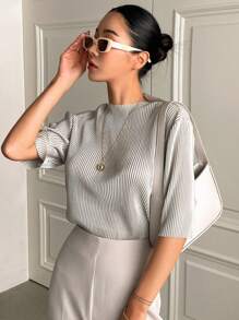 DAZY 實心立體圓領下垂肩t卹 - 淺灰色 - 查看 3