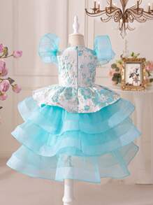 SHEIN Young Girls' Cute Floral Jacquard Patchwork Organza Ruffle Layered Dress