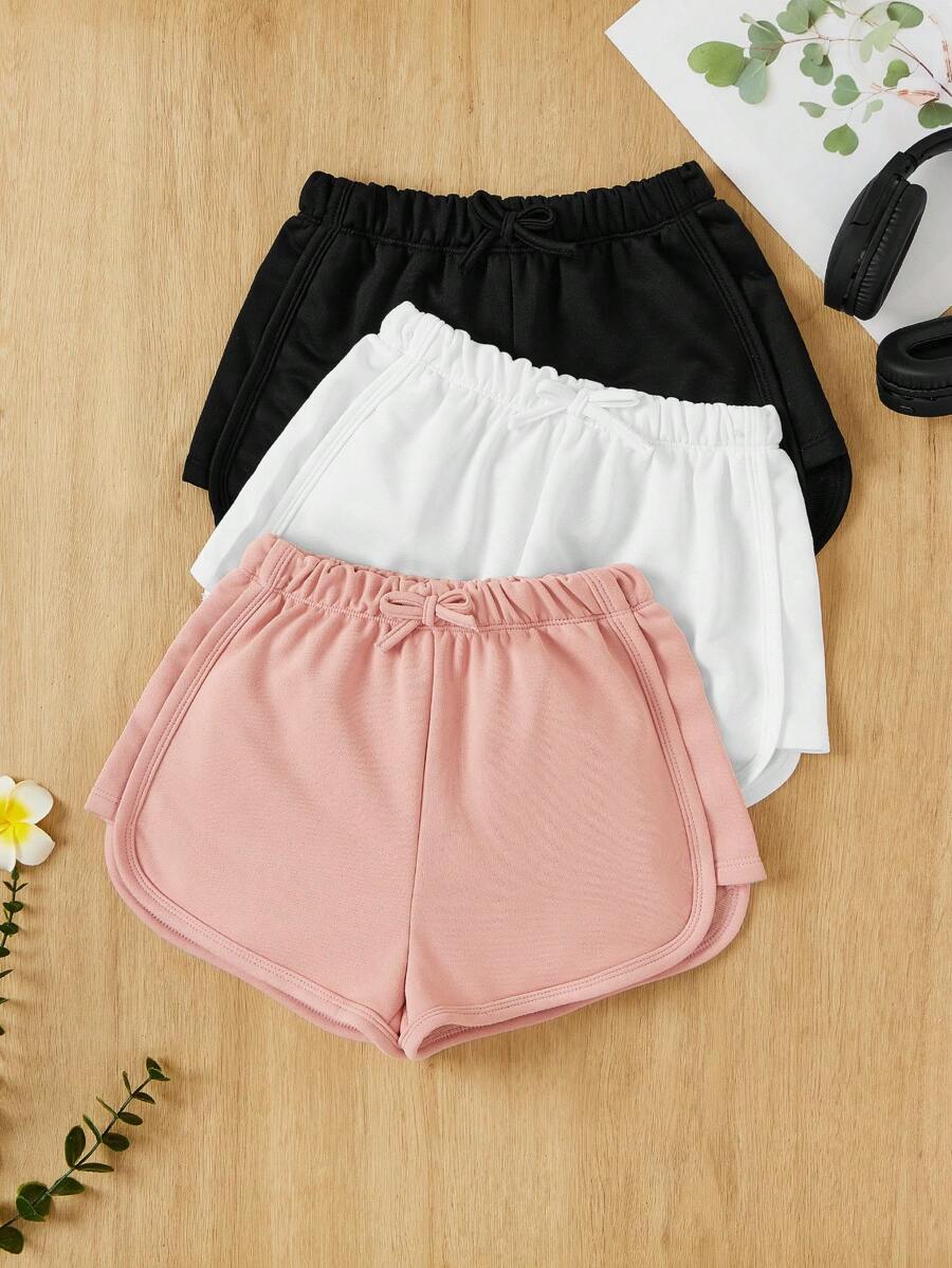 SHEIN Conjunto de 3 piezas para niña preadolescente con pantalones cortos casuales de punto unicolor con lazo - Rosa - Ver 1
