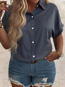 SHEIN LUNE 大尺碼女性時尚圓點短袖鈕扣衫 - 藏蓝色 - 查看 4