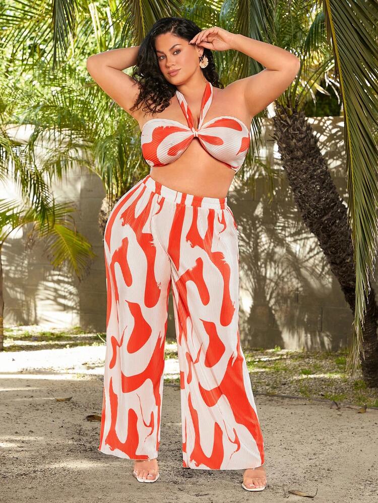 Plus Size Women's Ripple Printed Pleated Fabric Front Tie And Halter Neck Two Wearing Styles Bandeau Top & Elastic Waist Wide Leg Pants Two Pieces Set, Suitable For Summer, Dating, Casual, Shopping, Streetwear, Going Out, Vacation, Beach, Easy To Match