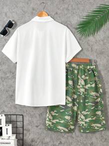 Teen Boy Bear Print Simple All-Match Short-Sleeved Shirt And Camouflage Shorts Two-Piece Set - White - View 2