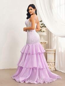 SHEIN Belle Elegante vestido ajustado con diseño de Body de sirena en estilo princesa con copa de pecho con tirantes spaghetti de tela de organza de encaje púrpura y ribetes de volantes de triple capa en el dobladillo y tirantes spaghetti para ocasiones formales de noche adecuado para ropa para padres e hijos para actividades de padres e hijos temporada de bodas temporada de graduación Día de la Madre festival de música fiesta formal de damas vestido de noche prom