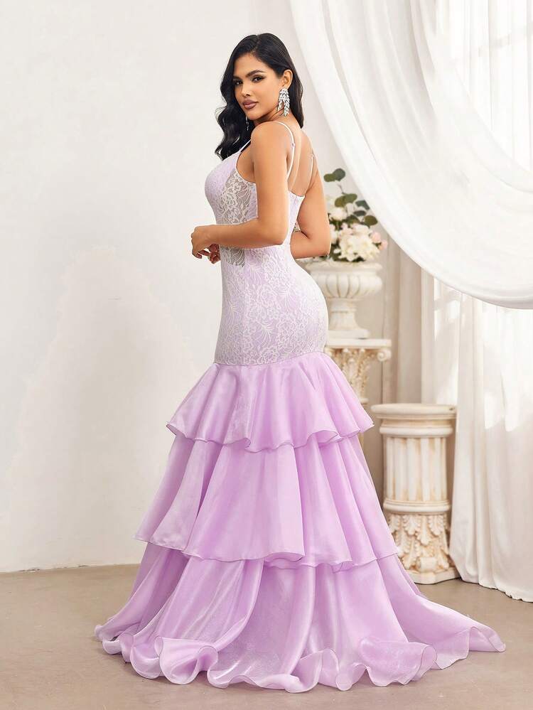 Women Romantic Gorgeous Noble Purple Lace Spliced Organza FabricSpaghetti Strap Strap Breast Cup With Triple-Layered Ruffle Dress Hem And Spaghetti Straps Dignified And Elegant Fishtail Bodycon Large Support Princess Style Fluffy Pagoda Dress For Formal Evening Occasions Suitable For Parent-Child Clothing For Parent-Child Activities Wedding Season Graduation Season Mother's Day Music Festival Ladies Formal Party Prom Gown Evening Dress