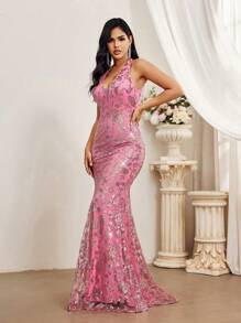 SHEIN Belle 優雅露背高跟領口吊帶長禮服，時尚長尾美人裝晚禮服