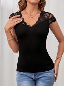 SHEIN Tall Contrast Lace Scallop Trim Tee Black Top - Black - View 6