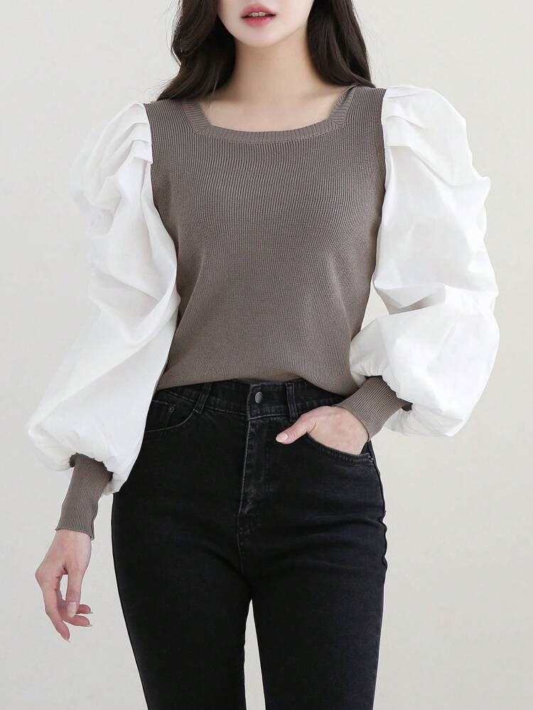 Women Color Block Lantern Sleeve Top, Spring Long Sleeve Women Tops