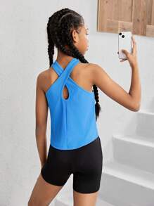 SHEIN Tween Girl Knitted Crossed Shoulder Straps Sports Vest - Blue - View 1