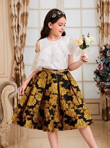 SHEIN 2pcs Tween Girls' Matching Set: Ornate Layered Ruffle Collar Shirt And Floral Jacquard A-Line Skirt - Black - View 5