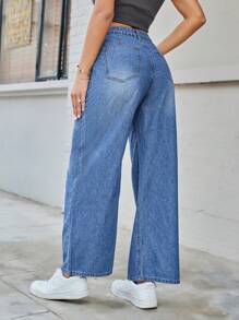 SHEIN Essnce 女性時尚休閒牛仔寬腳褲 - 藍色 - 查看 2